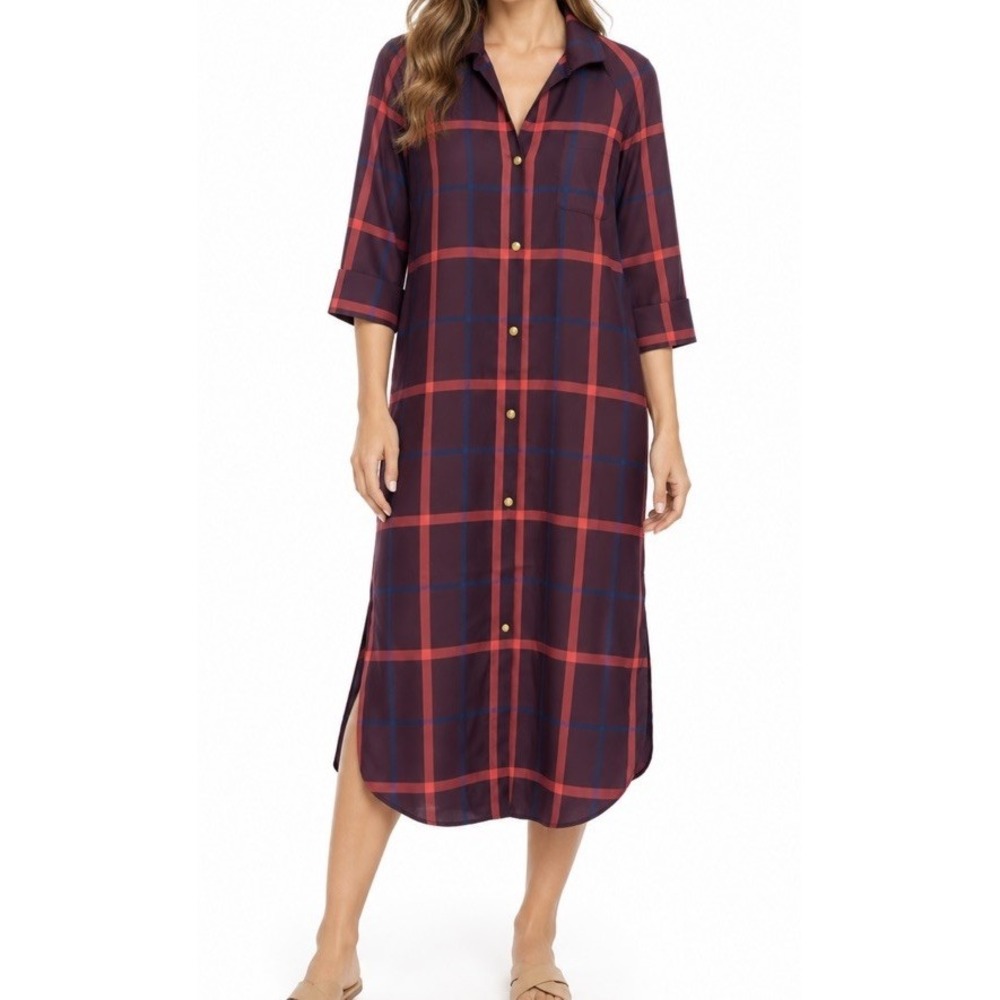 Tuckernuck Hickory Plaid House Maxi Dress Burgundy Gold Buttons NWT XS